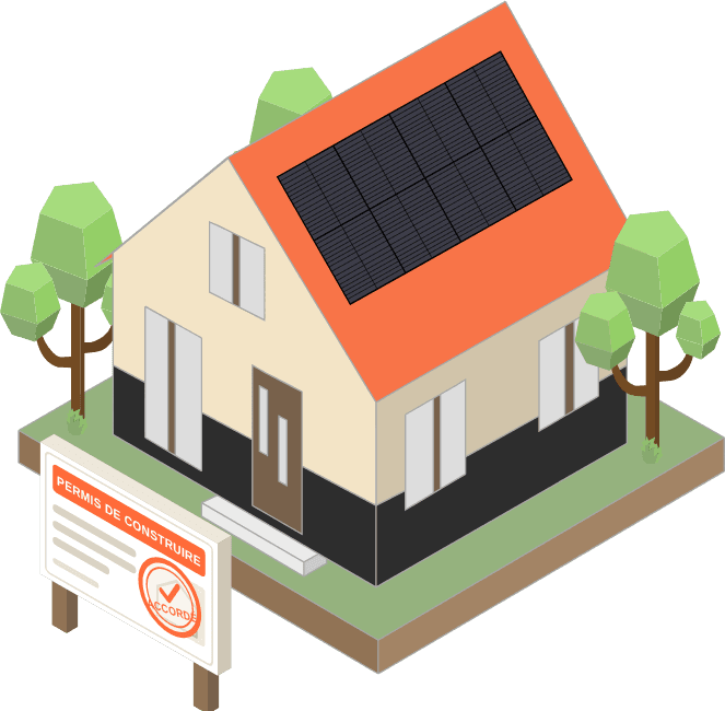 Maison individuelle avec panneaux solaires et panneau d'affichage d'un permis de construire accordé